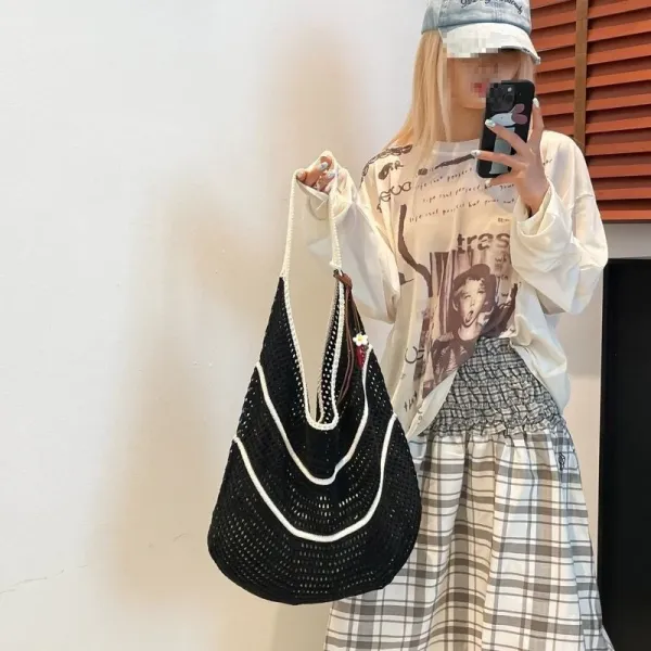 Design Crochet Tote Bag Light Blue with Cream Trim - 6