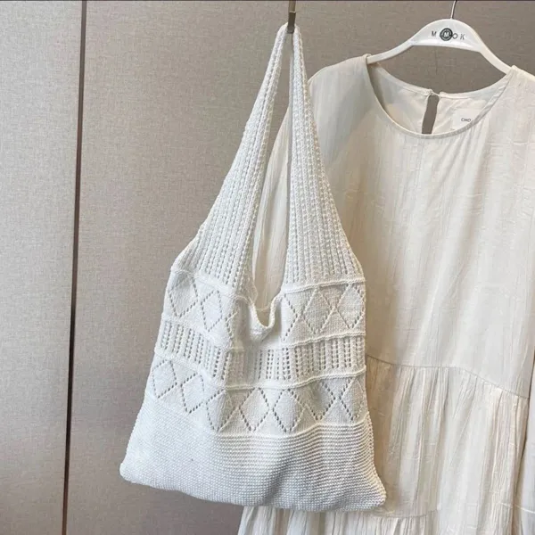 Design Mook Knit Mesh Tote Bag Beige Tote Bag - 5