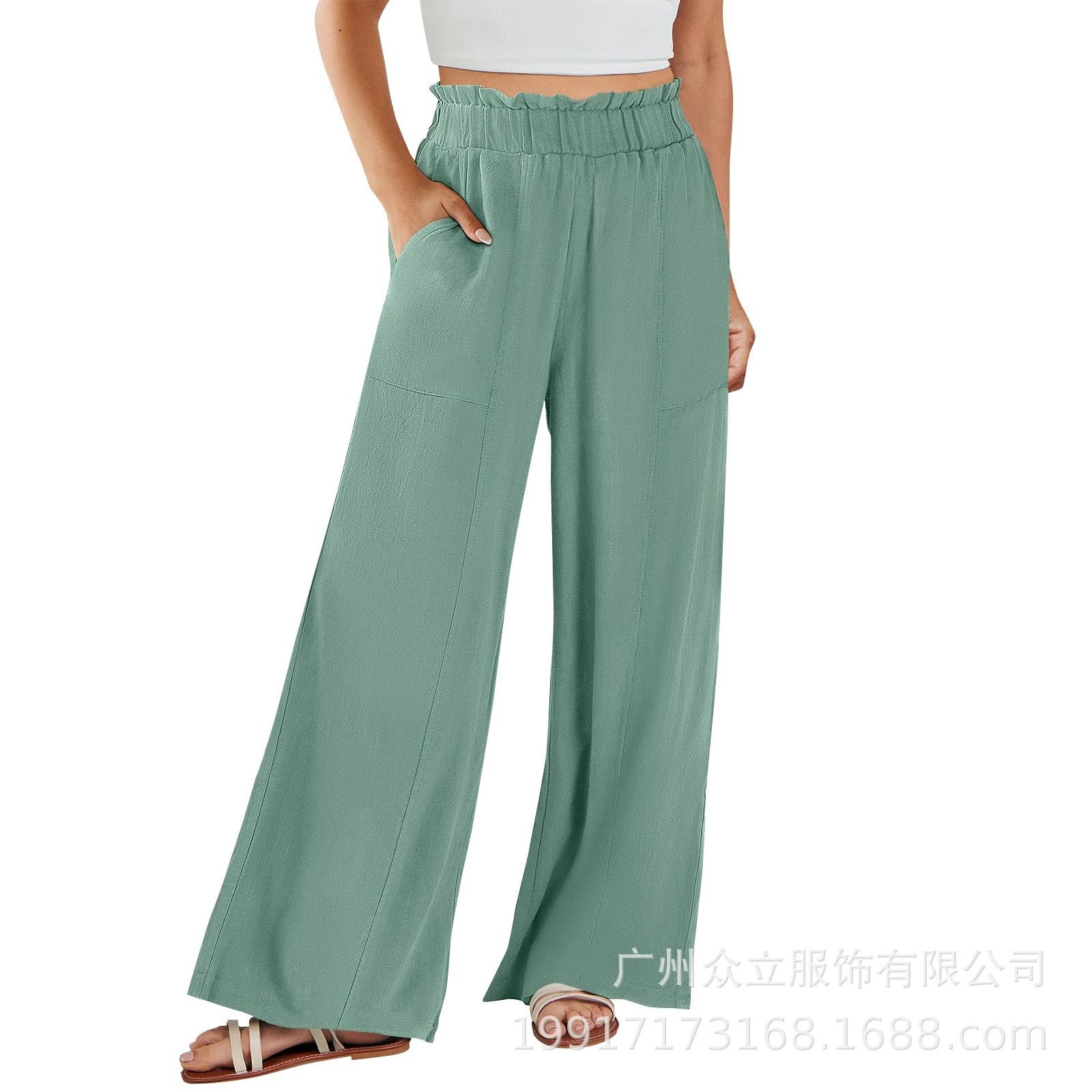Design Wide-Leg Elastic Waist Pants Olive Green - 13