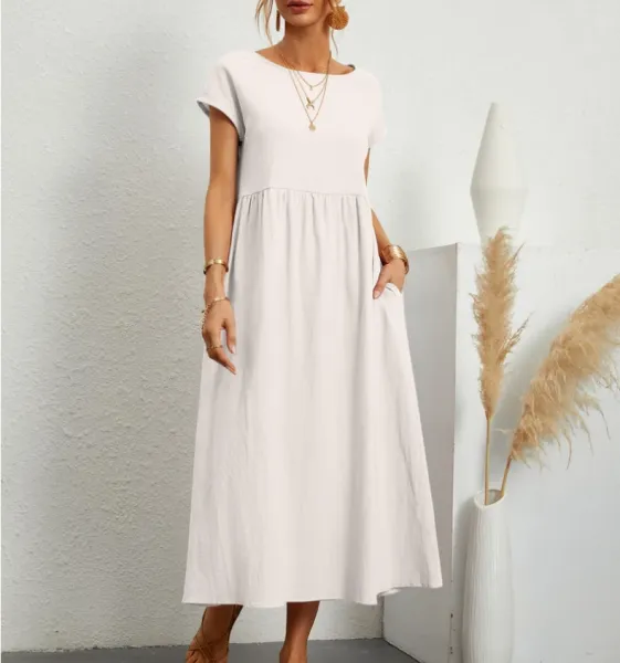 Design Linen Blend Midi Dress in Brown with Pink Trim - 6