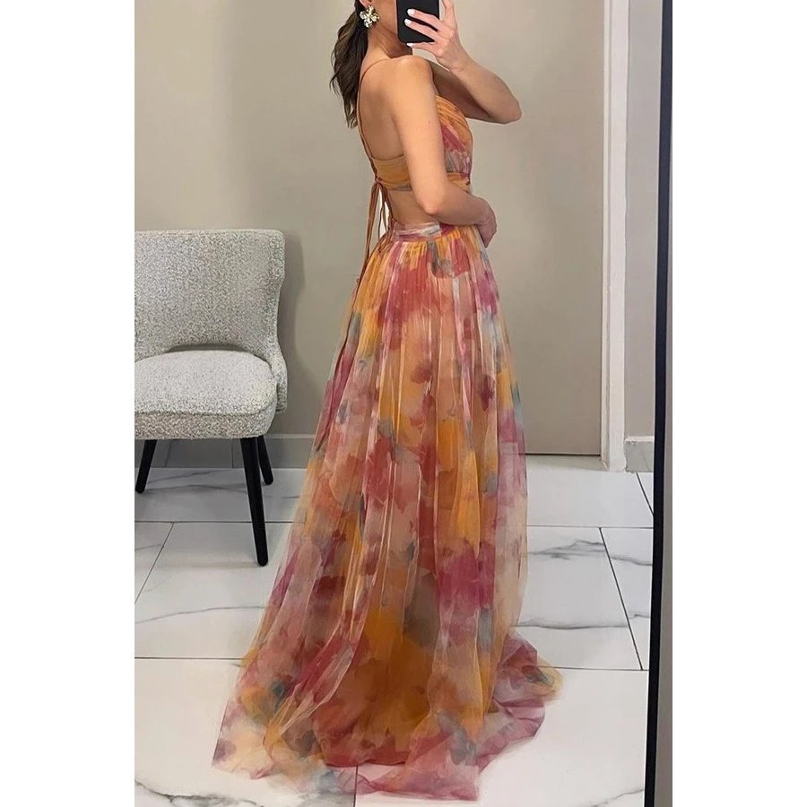 Design Floral Print V-Neck Maxi Dress Yellow Green Multicolor - 8
