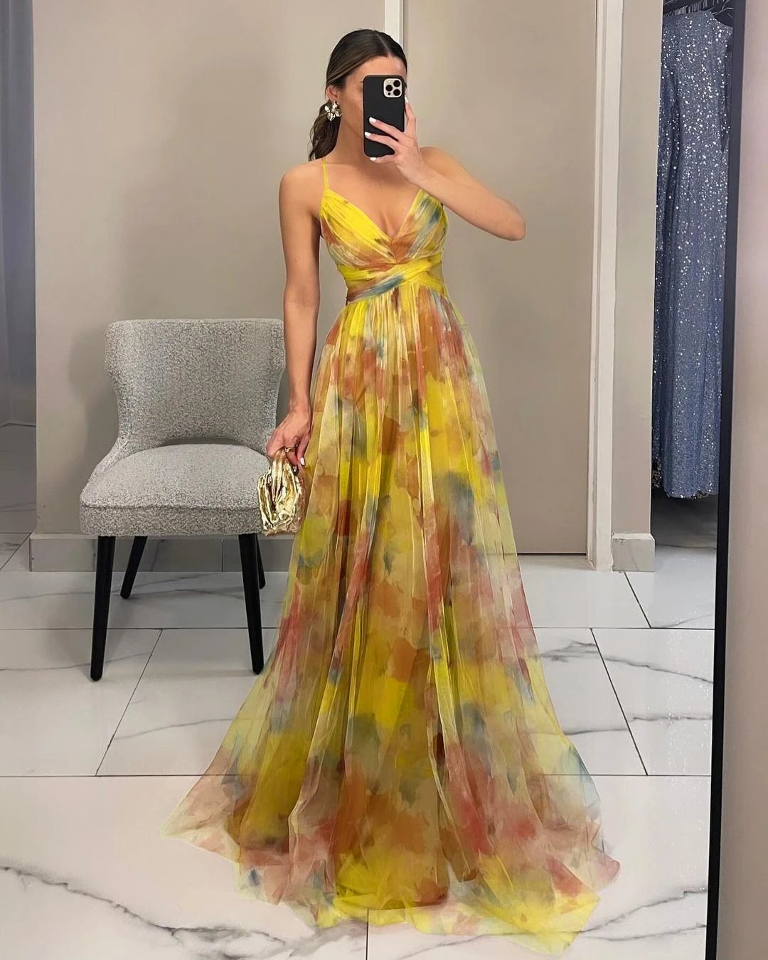 Design Floral Print V-Neck Maxi Dress Yellow Green Multicolor - 15