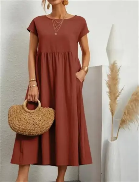 Design Linen Blend Midi Dress in Brown with Pink Trim - 18
