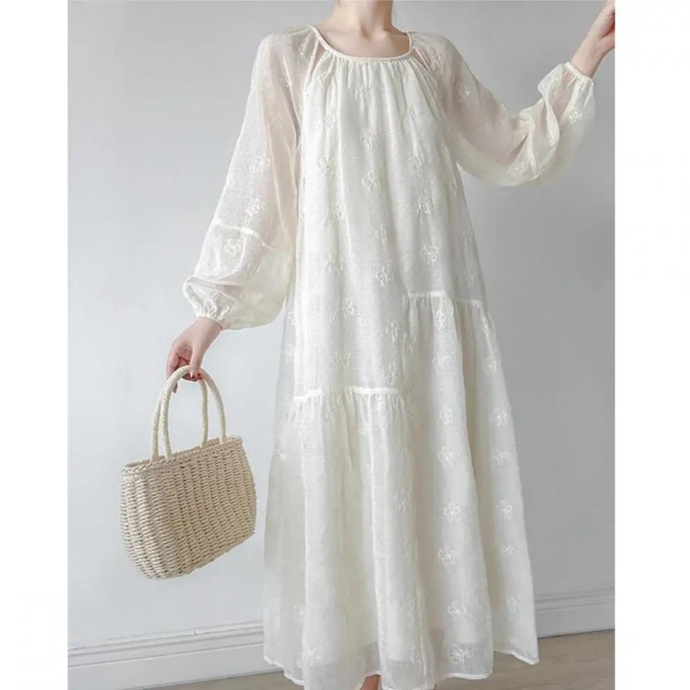 Design Embroidered Sheer Puff-Sleeve Tiered Dress in Ivory - 4