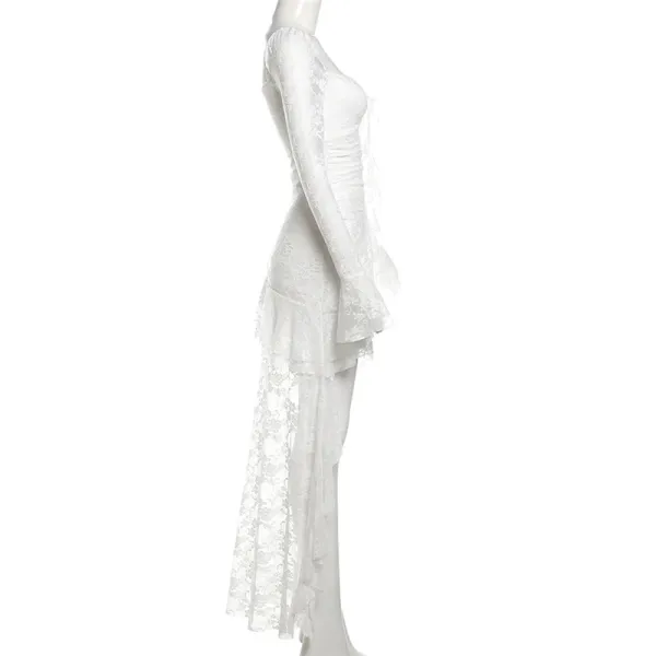 Design Lace Ruched Asymmetrical Maxi Dress White - 16