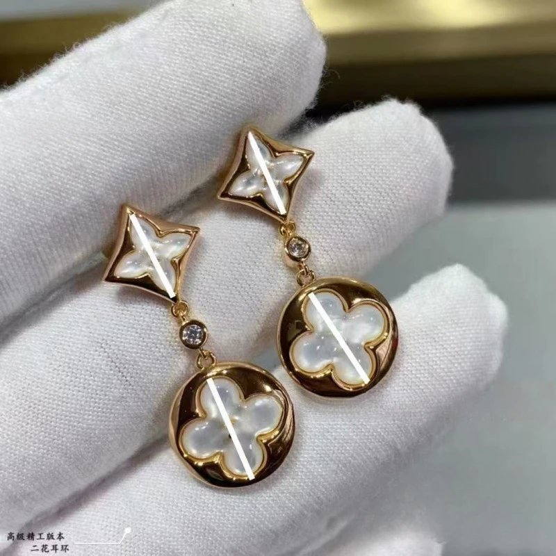 Louis Vuitton Monogram Flower Motif Earrings Gold Mother-of-Pearl Drop Earrings Jewelry