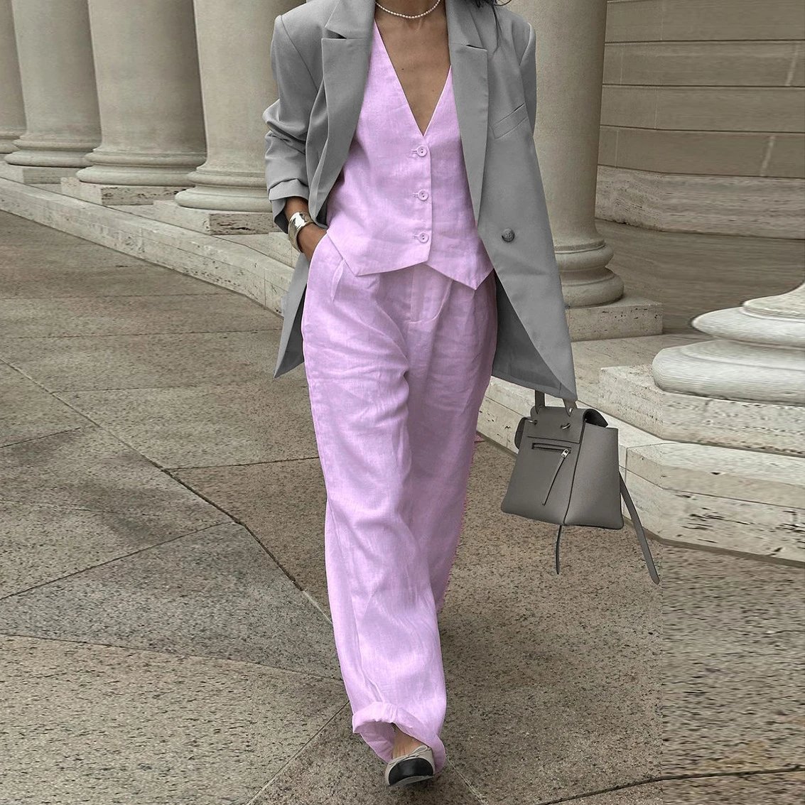 Design Beige Tailored Vest and Wide-Leg Pants Set Sets - 11