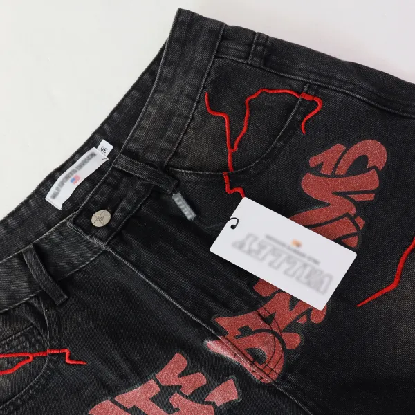 Design Lightning Embroidered Black Denim Shorts - 9