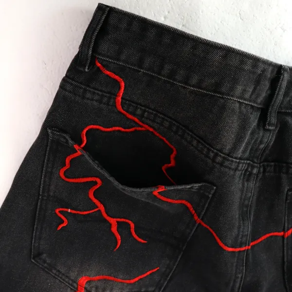 Design Lightning Embroidered Black Denim Shorts - 11