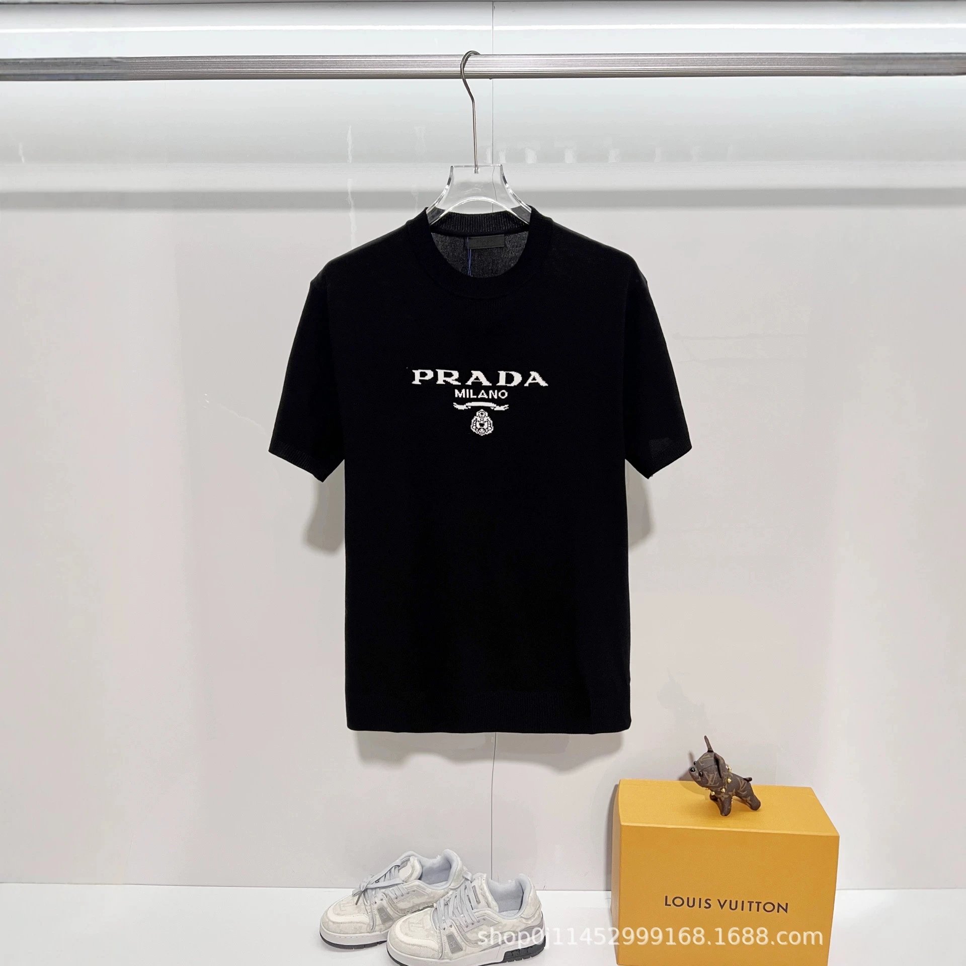 Prada Logo Embroidered White Knit Short Sleeve T-Shirt
