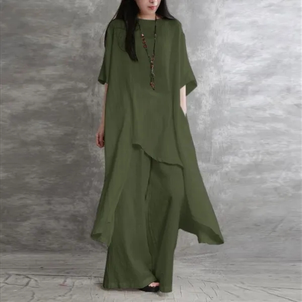 Design Loose Linen Tunic and Wide-Leg Pants Set White - 10
