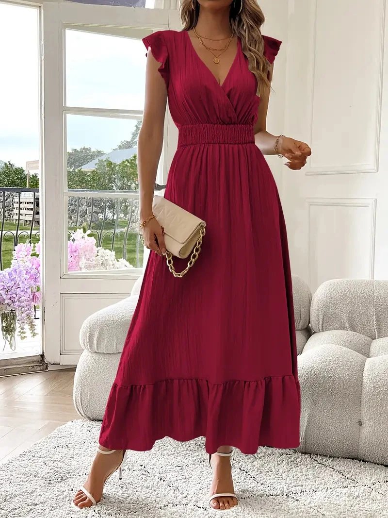 Ruffle Sleeve Wrap Maxi Dress Burgundy