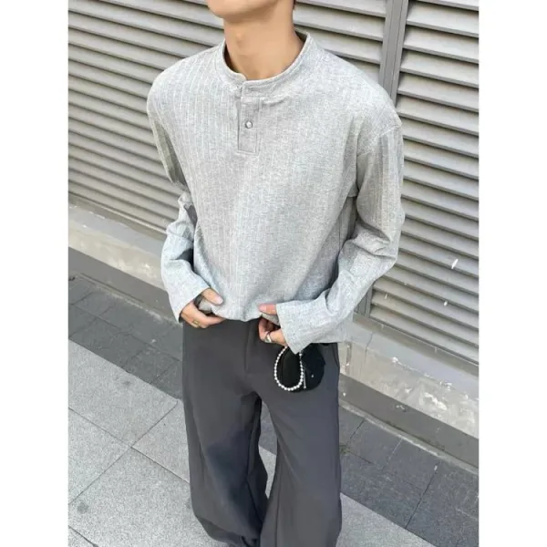 Design Henley Shirt Gray Ribbed Top - 6