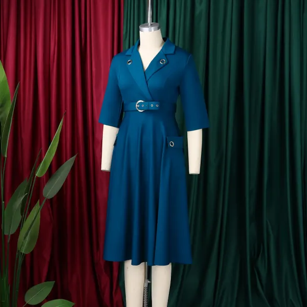 Design Trench-Style Wrap Dress in Navy with Belt - 26