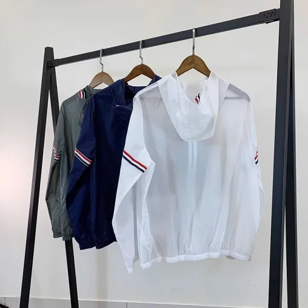 Thom Browne Windbreaker Navy Blue with Red-White-Blue Stripe Sleeve Detail Outerwear - 7