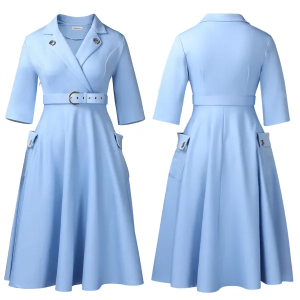 Design Trench-Style Wrap Dress in Navy with Belt - 42