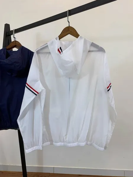 Thom Browne Windbreaker Navy Blue with Red-White-Blue Stripe Sleeve Detail Outerwear - 11