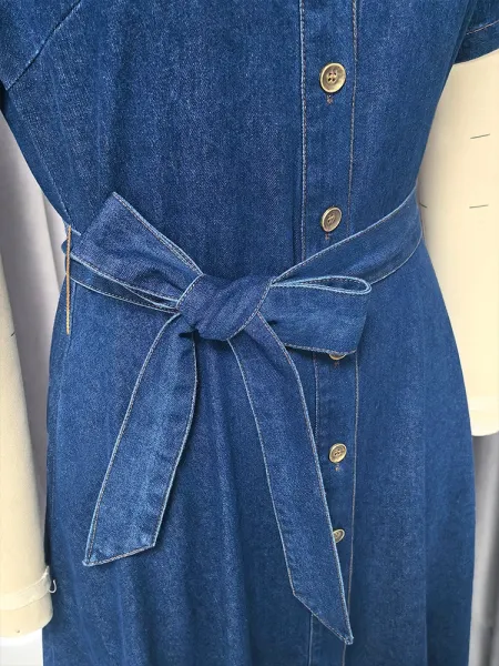 Design Denim Shirt Dress with Belted Waist in Deep Blue Dress - 15