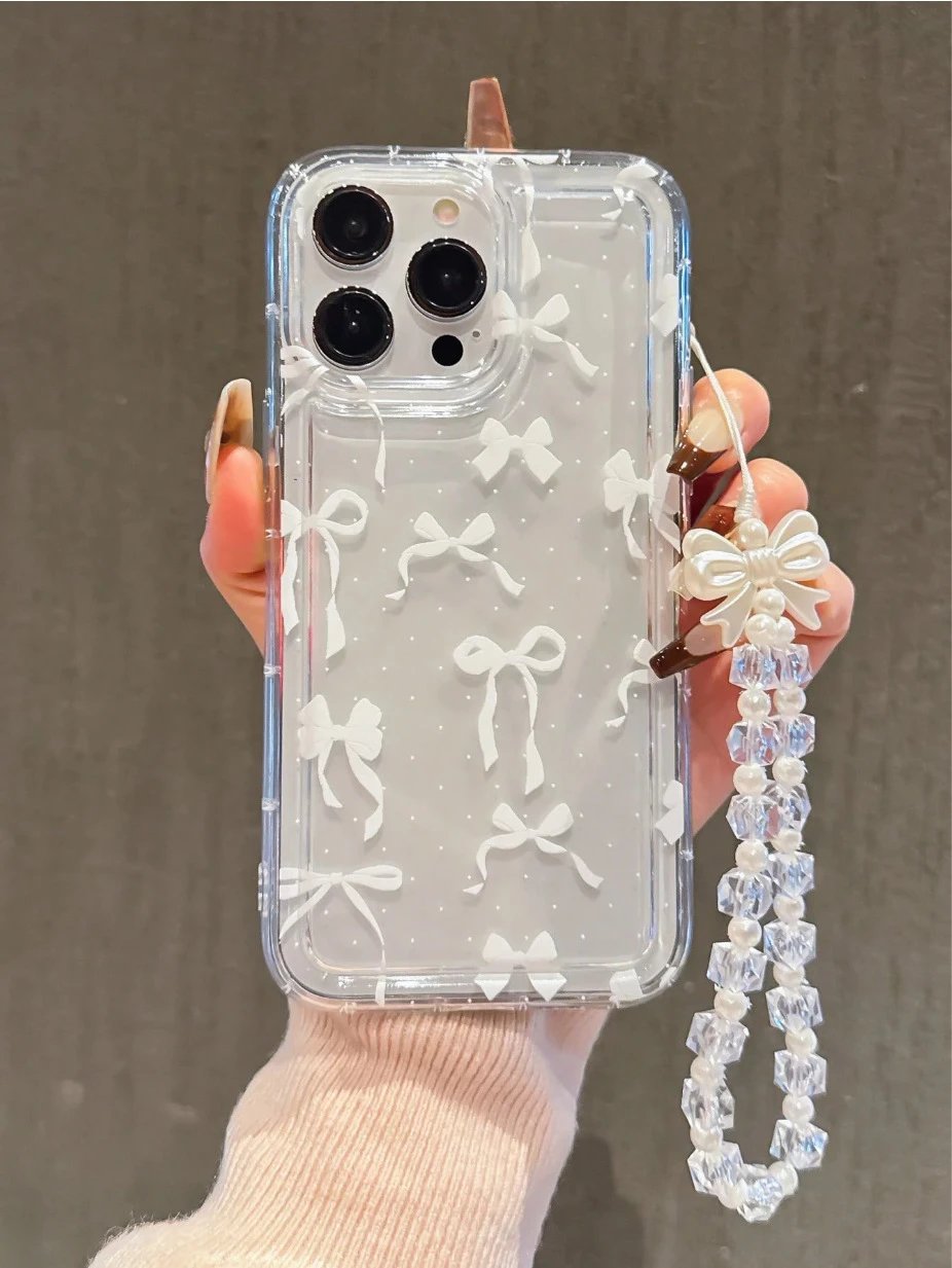 Design Clear Bow-Print Phone Case with Pearl Crystal Strap Pink Transparent Phone Case - 5