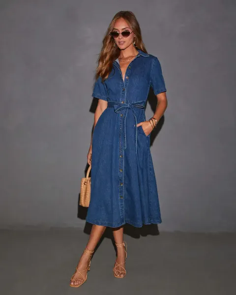 Design Denim Shirt Dress with Belted Waist in Deep Blue Dress - 20