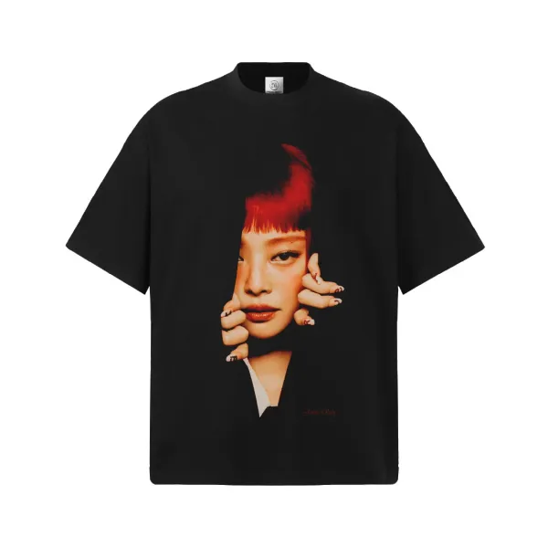 Design T-Shirt with Red Hair Portrait Print Black - 1