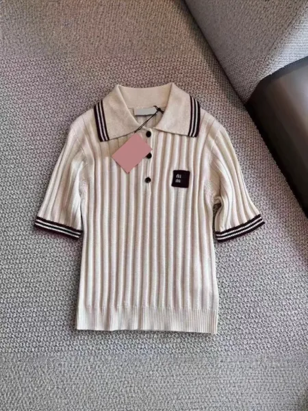 Miu Miu Ribbed Knit Polo Beige with Black Stripe Trim Polo Shirt - 1