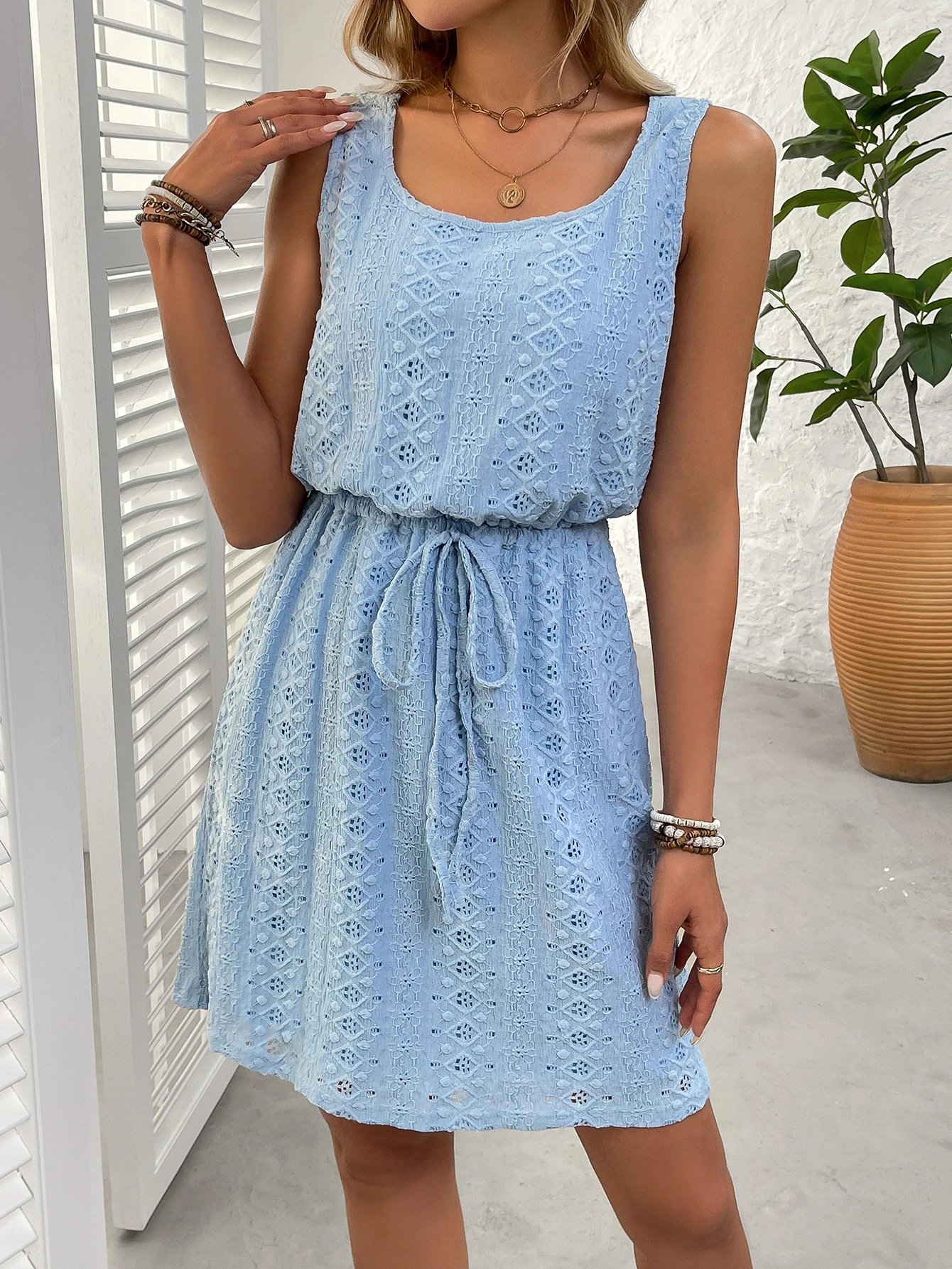 Design Lace Embroidered Sleeveless Mini Dress Beige - 7