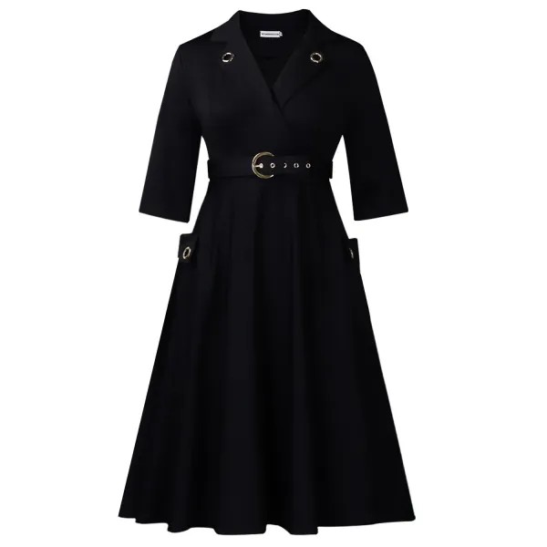 Design Trench-Style Wrap Dress in Navy with Belt - 55