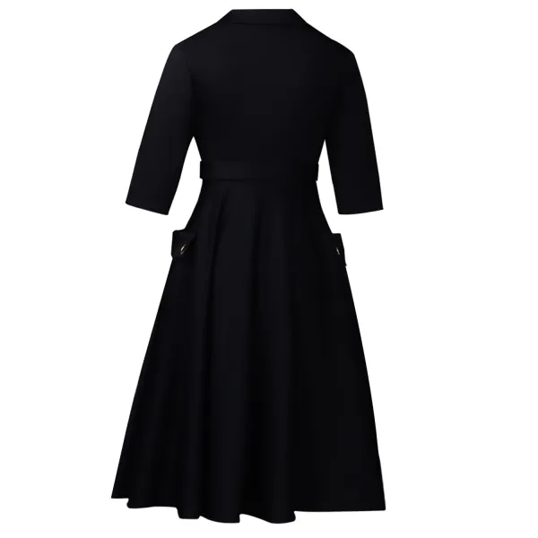 Design Trench-Style Wrap Dress in Navy with Belt - 56