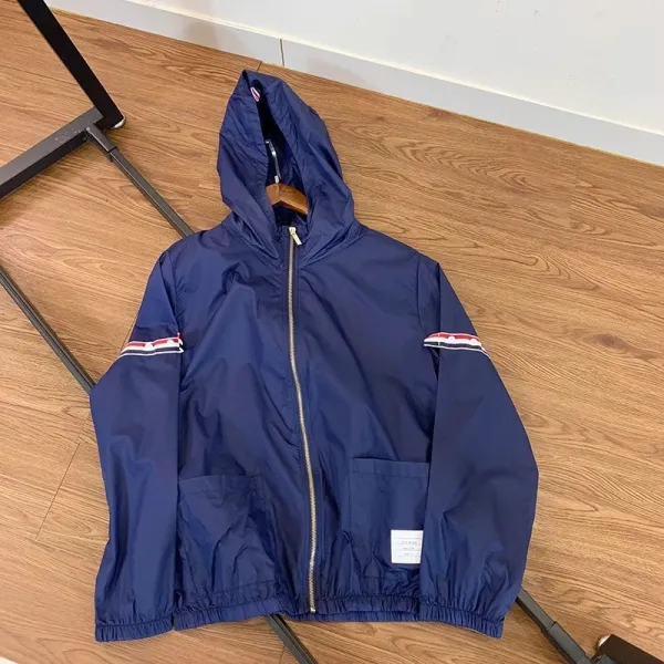 Thom Browne Windbreaker Navy Blue with Red-White-Blue Stripe Sleeve Detail Outerwear - 14