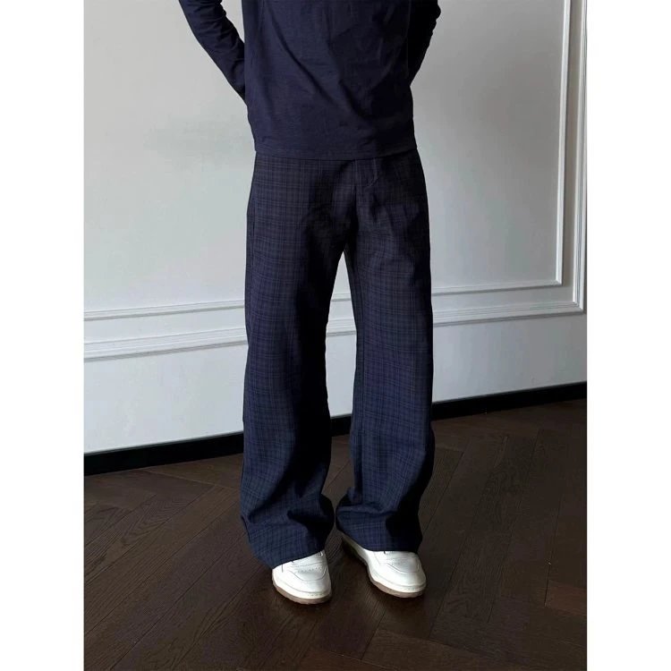 Design Wide-Leg Plaid Pants Navy - 4