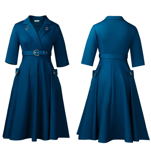 Design Trench-Style Wrap Dress in Navy with Belt - 76