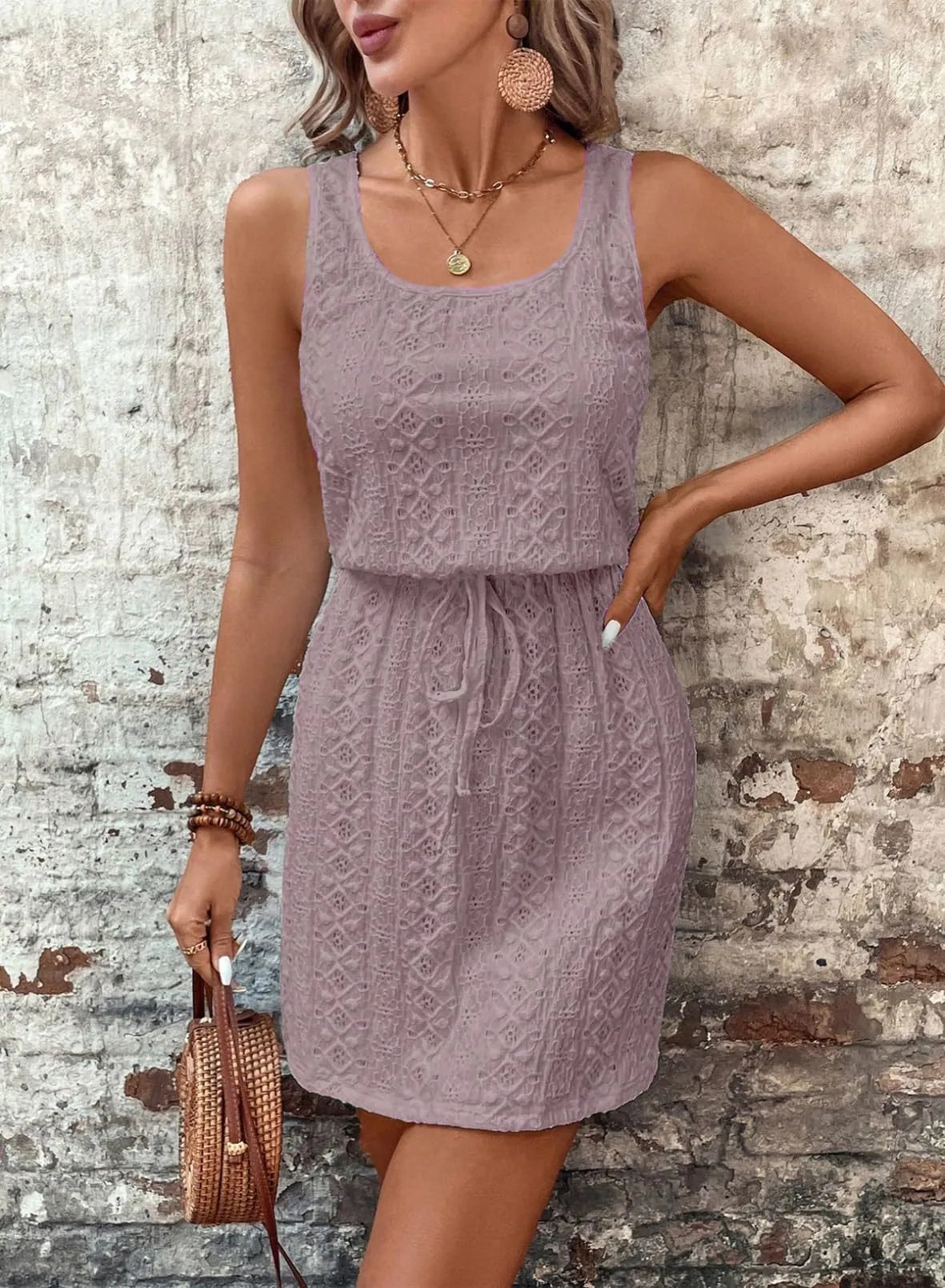 Design Lace Embroidered Sleeveless Mini Dress Beige - 15