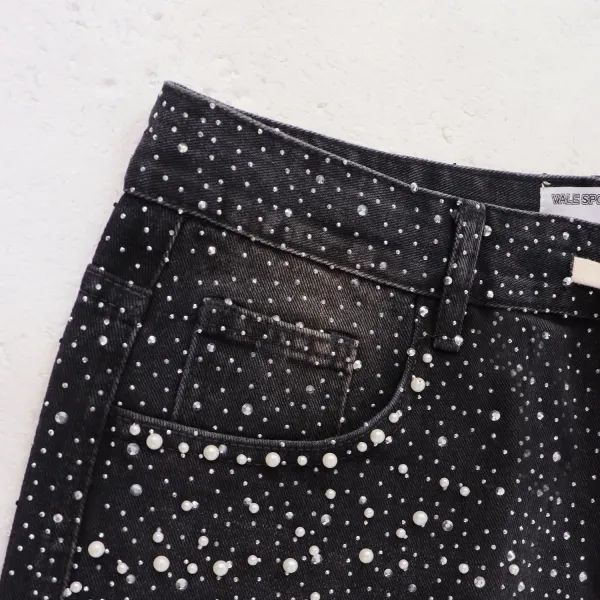 Design Denim Shorts with Speckled Wash and Drawstring Waist - 6
