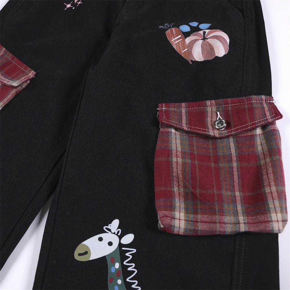 Rhinde Cargo Pants Black Graphic Patchwork Wide Leg