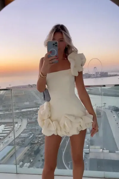 Design Ruffled Strapless Mini Dress in Cream - 4