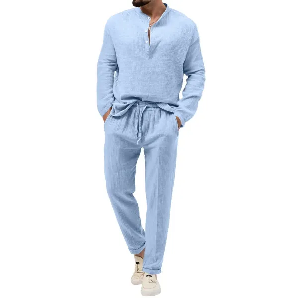 Design Linen-Blend Henley Set Beige Casual Set - 20