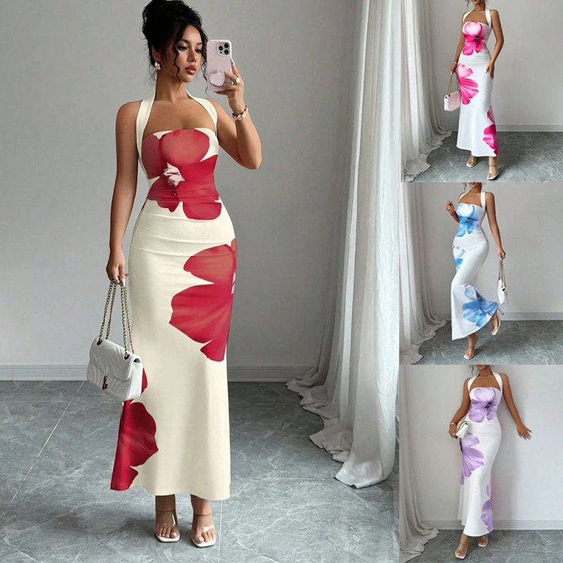 Floral Print Halter Neck Maxi Dress White Pink