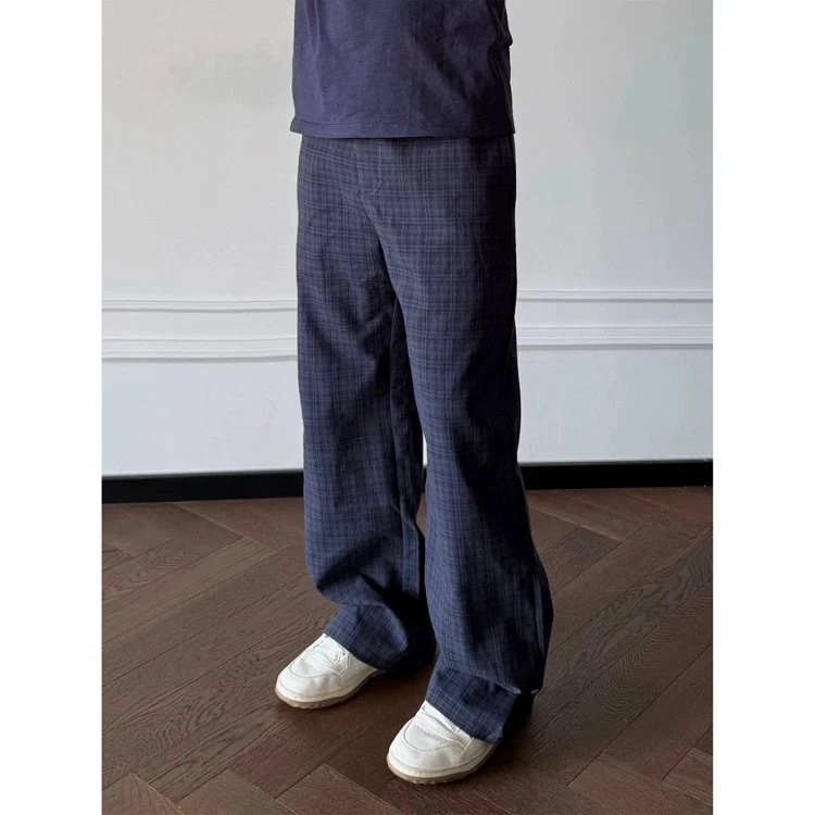 Design Wide-Leg Plaid Pants Navy - 5
