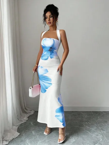 Design Floral Print Halter Neck Maxi Dress Beige Red - 15