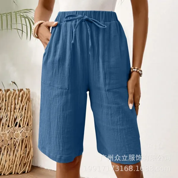 Design Wide-Leg Linen-Blend Drawstring Shorts Blue - 17