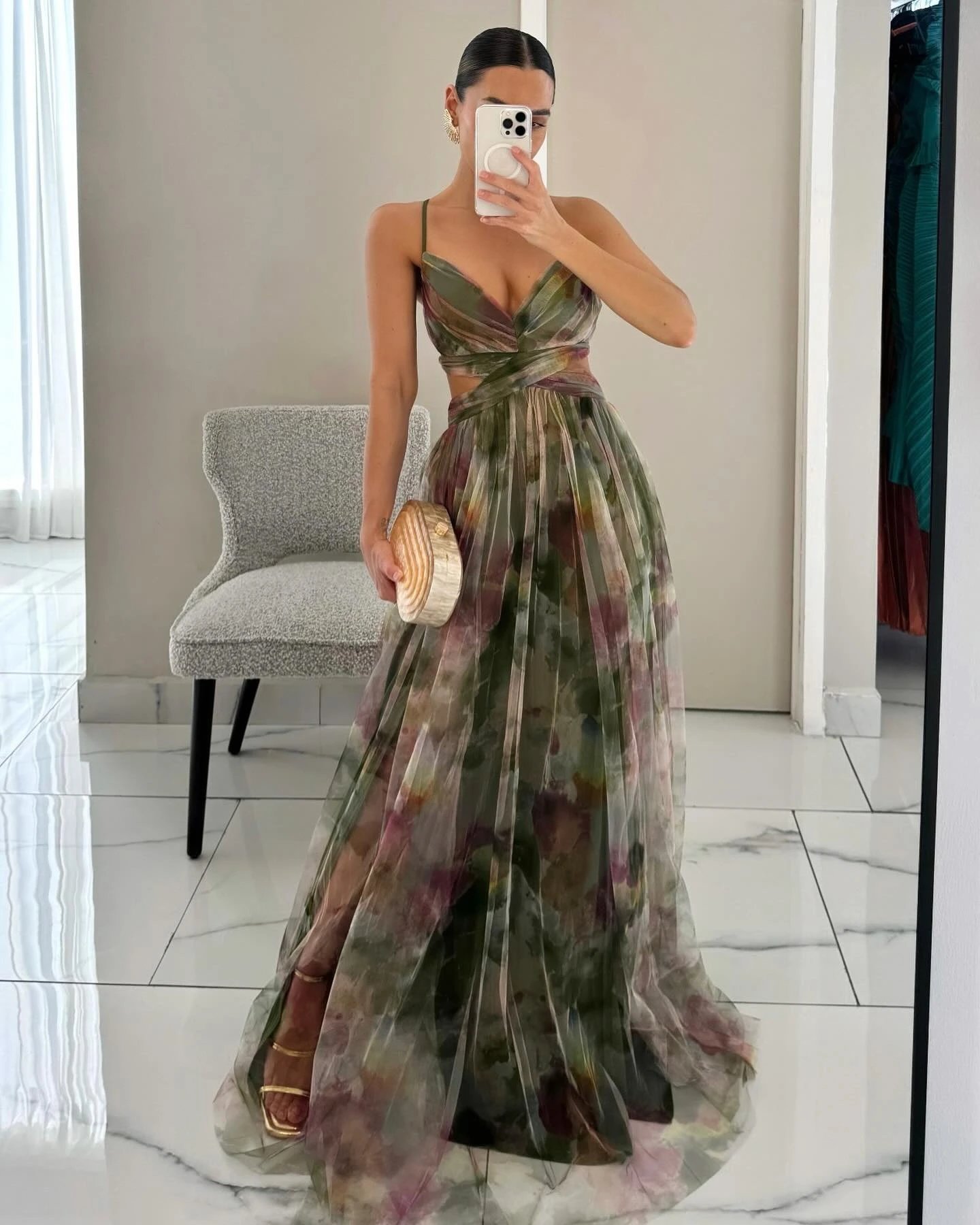 Design Floral Print V-Neck Maxi Dress Yellow Green Multicolor - 9