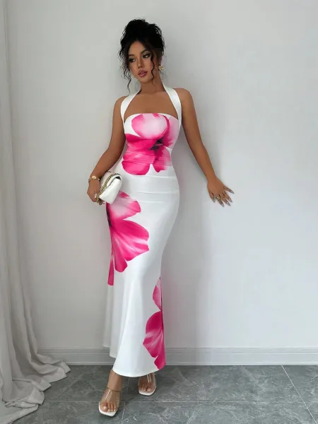 Design Floral Print Halter Neck Maxi Dress Beige Red - 22