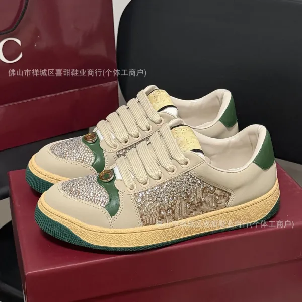 Gucci Rhyton Crystal-Embellished Beige Green Sneakers - 1