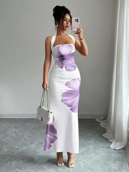 Design Floral Print Halter Neck Maxi Dress Beige Red - 23
