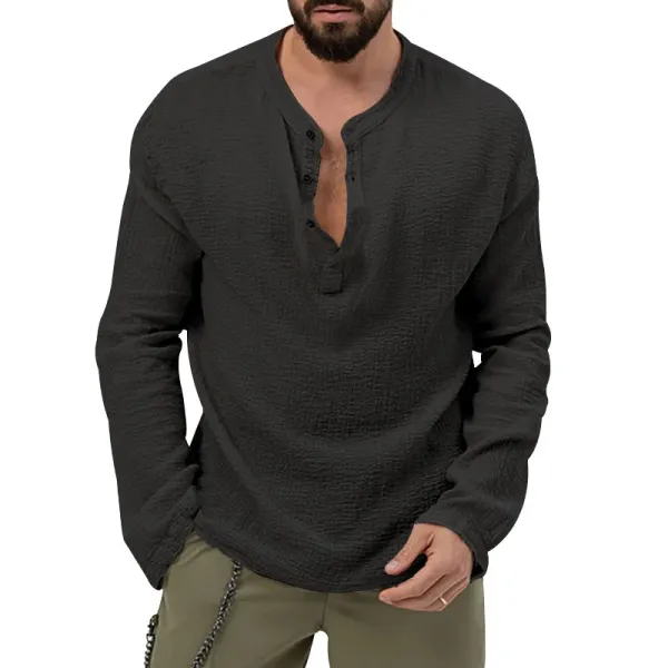 Design Linen-Blend Henley Set Beige Casual Set - 17