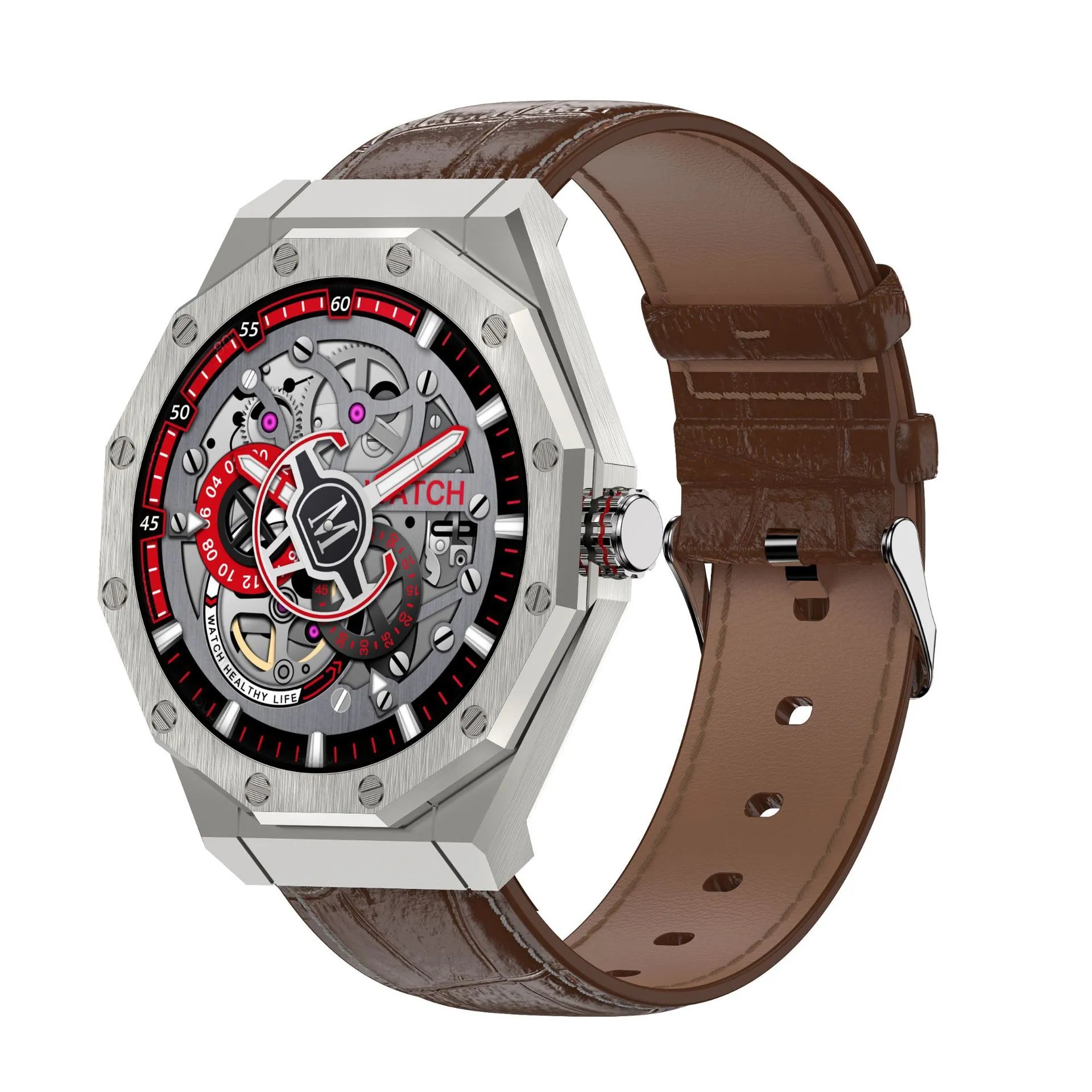 Design Mechanical Watch Silver Case Red Accents Brown Leather Strap Watches