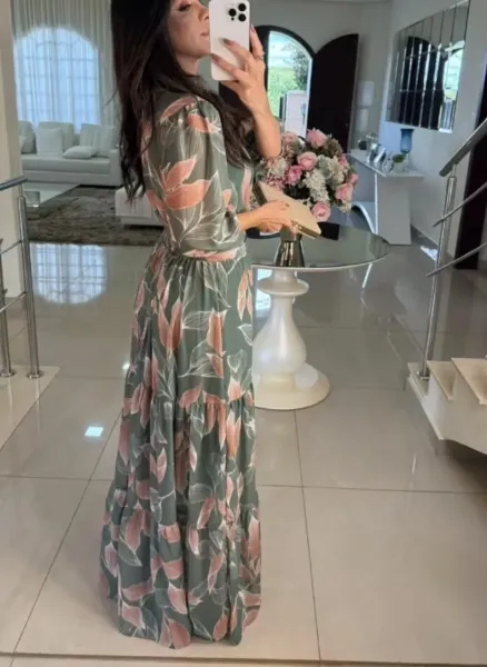 Design Floral Print V-Neck Tiered Maxi Dress in Olive Green and Pink - 6