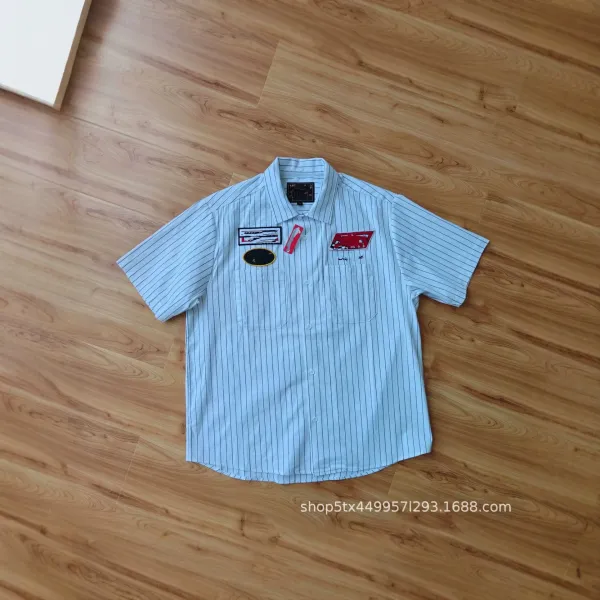 Design Short-Sleeve Pinstripe Work Shirt with Patch Embellishments Light Blue Shirt - 1