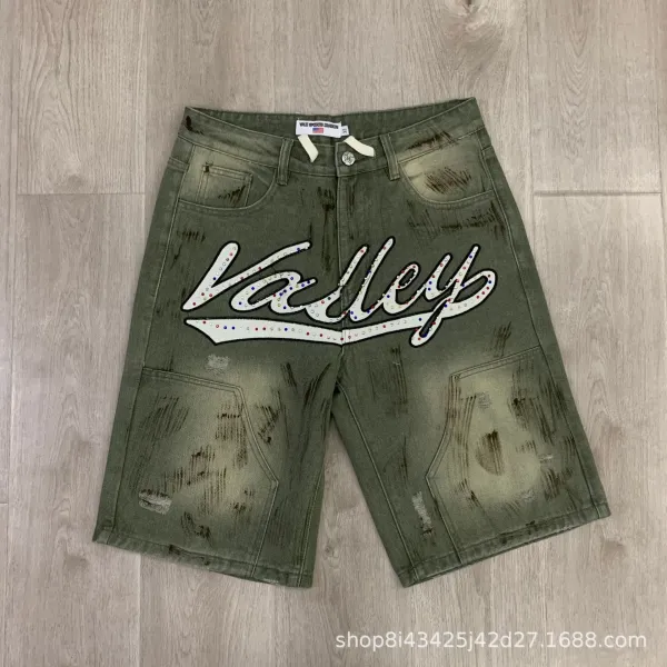 Design Valley Sports Division Distressed Embellished Denim Shorts Army Green Shorts - 1